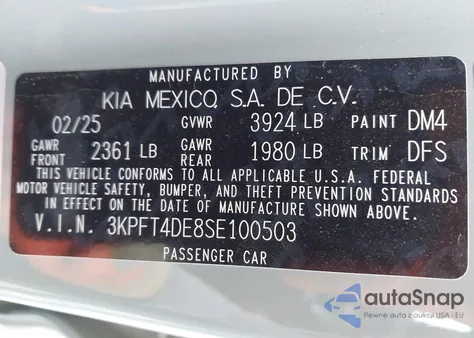 2025 Kia K4 Lxs z USA, uszkodzony, nr VIN 3KPFT4DE8SE100503